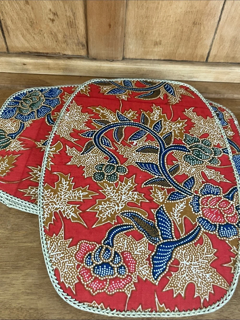 Vintage Indonesian Handwoven Pandan & Batik Placemats, Set of 6. NOS